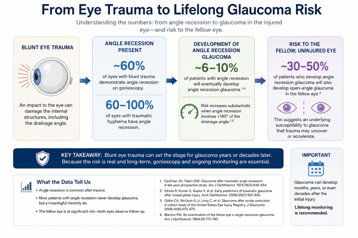 Infographic showing progression from blunt eye trauma to angle recession, to angle recession glaucoma, and risk to the fellow eye