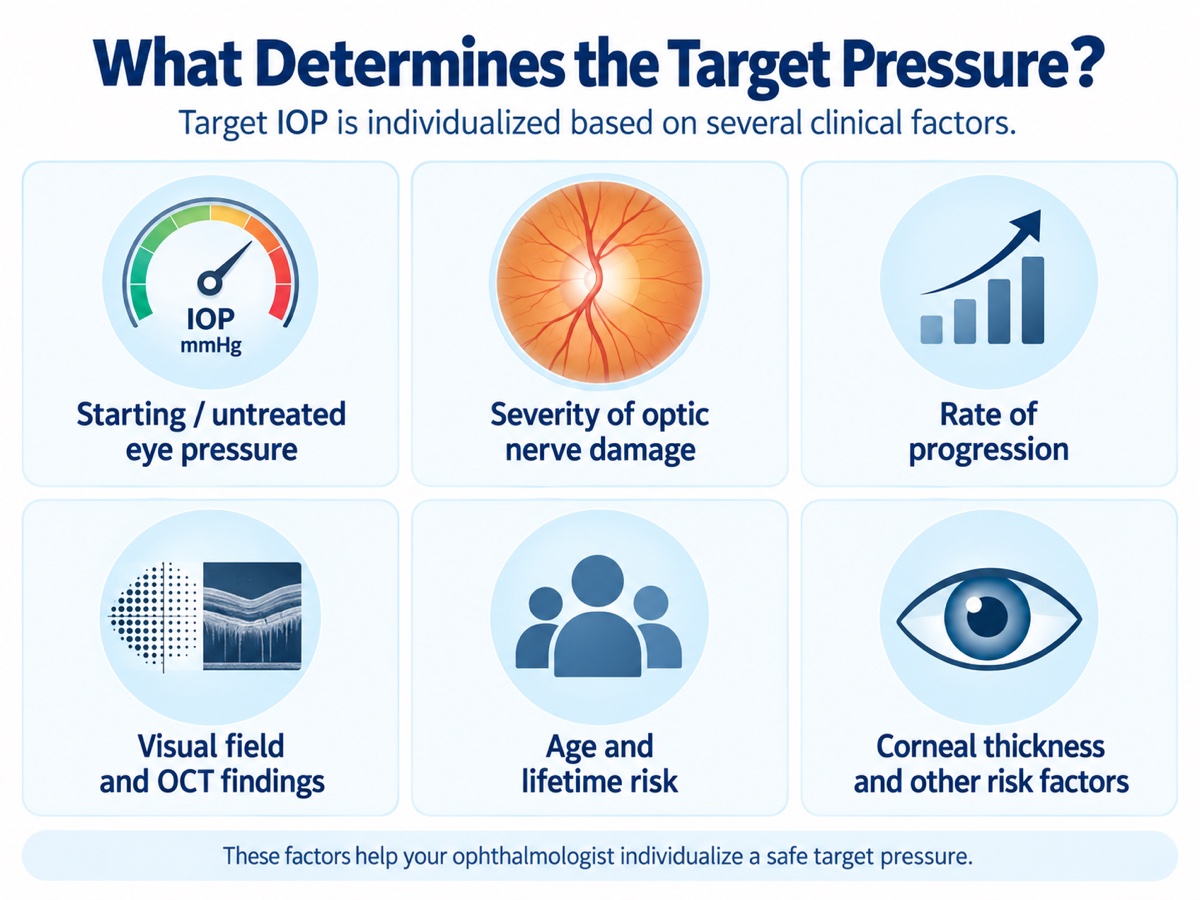 Six factors that determine an individualized target eye pressure in glaucoma: starting untreated eye pressure, severity of optic nerve damage, rate of progression, visual field and OCT findings, age and lifetime risk, and corneal thickness
