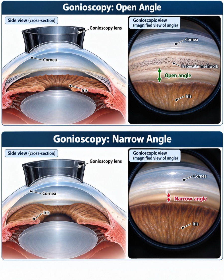Gonioscopy illustration showing a gonioscopy lens on the eye with side views and magnified gonioscopic views of an open angle, where the trabecular meshwork is visible, and a narrow angle