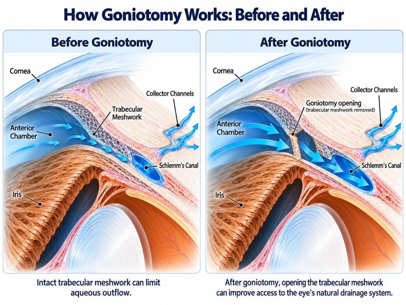 Before and after goniotomy: intact trabecular meshwork limiting aqueous outflow, compared with the goniotomy opening after the trabecular meshwork is removed