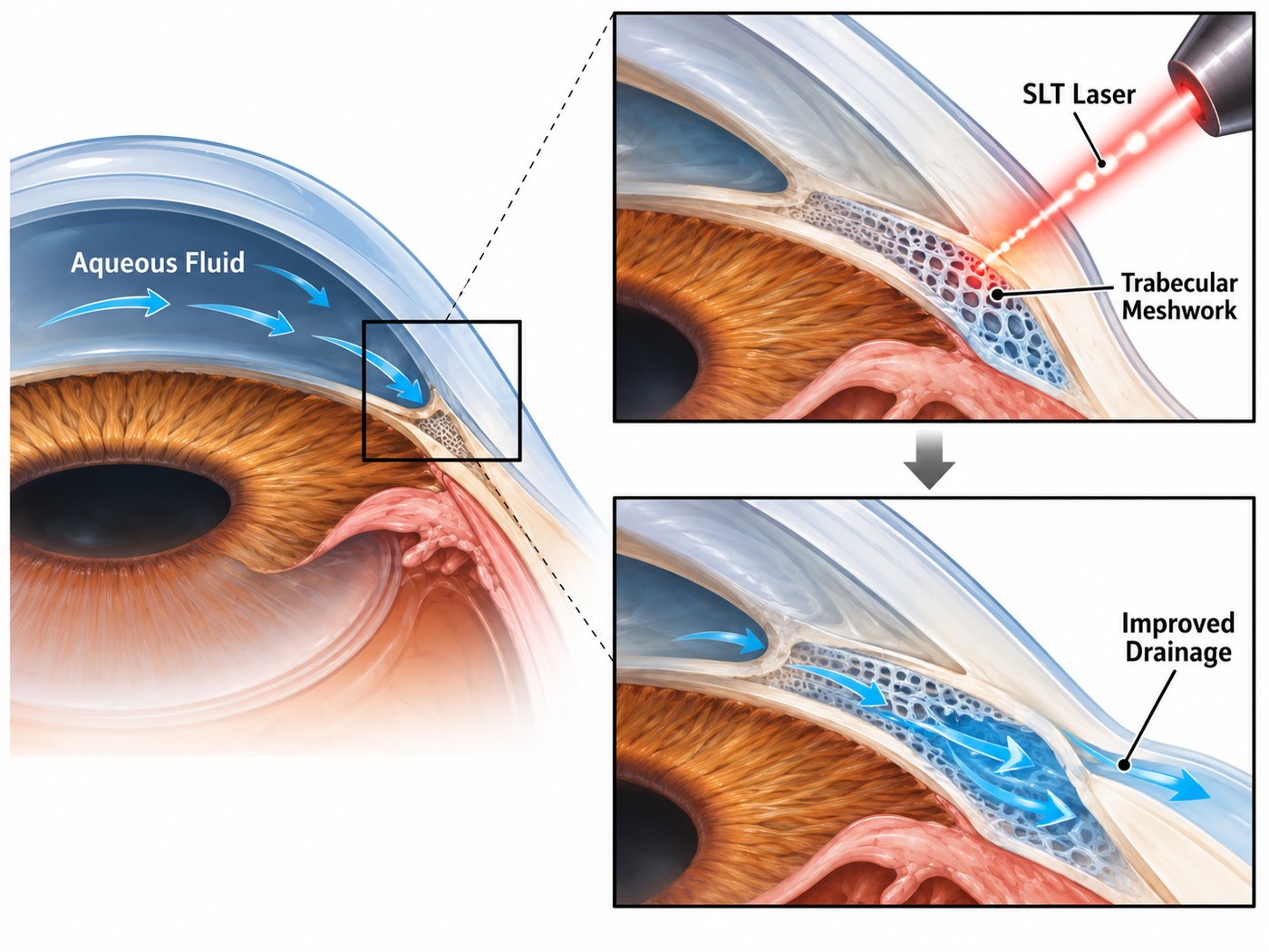 Diagram of the eye showing aqueous fluid flowing toward the drainage angle, the SLT laser treating the trabecular meshwork, and improved drainage afterward