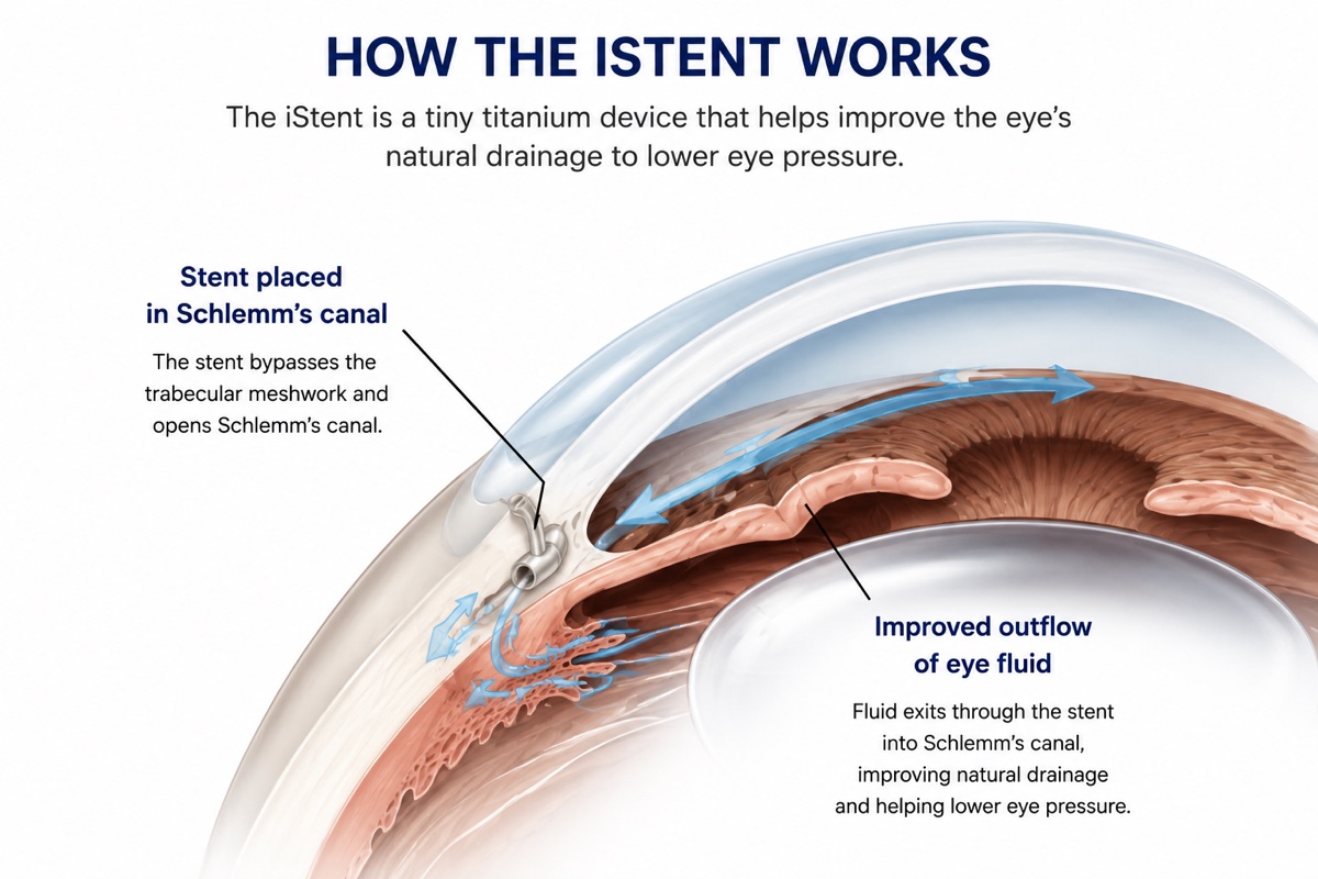 Diagram of how the iStent works: the tiny titanium stent bypasses the trabecular meshwork and opens Schlemm's canal, improving the outflow of eye fluid to lower eye pressure