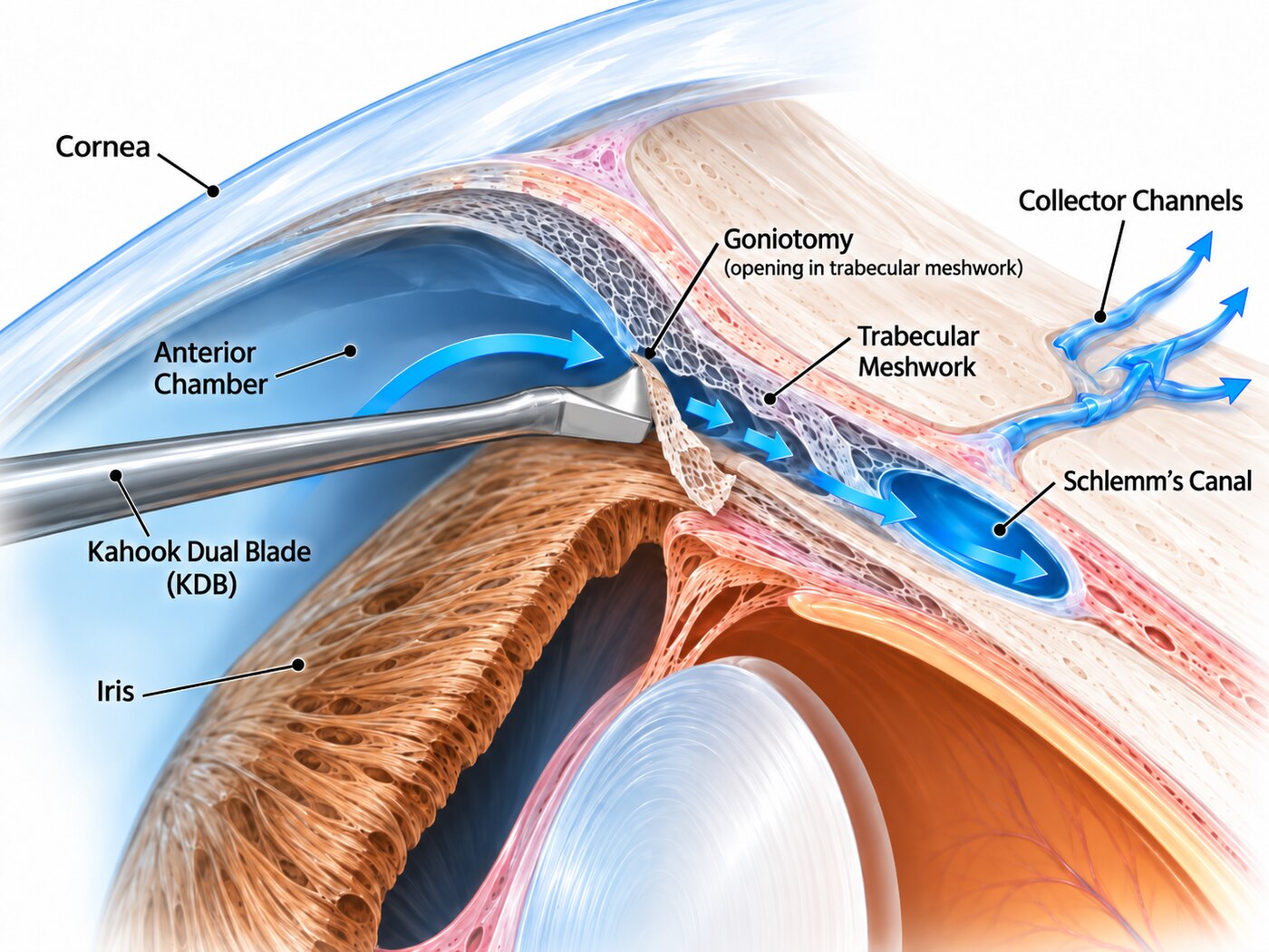 Diagram of a Kahook Dual Blade goniotomy procedure showing the cornea, anterior chamber, iris, and the instrument opening the trabecular meshwork so aqueous fluid can reach Schlemm's canal and the collector channels