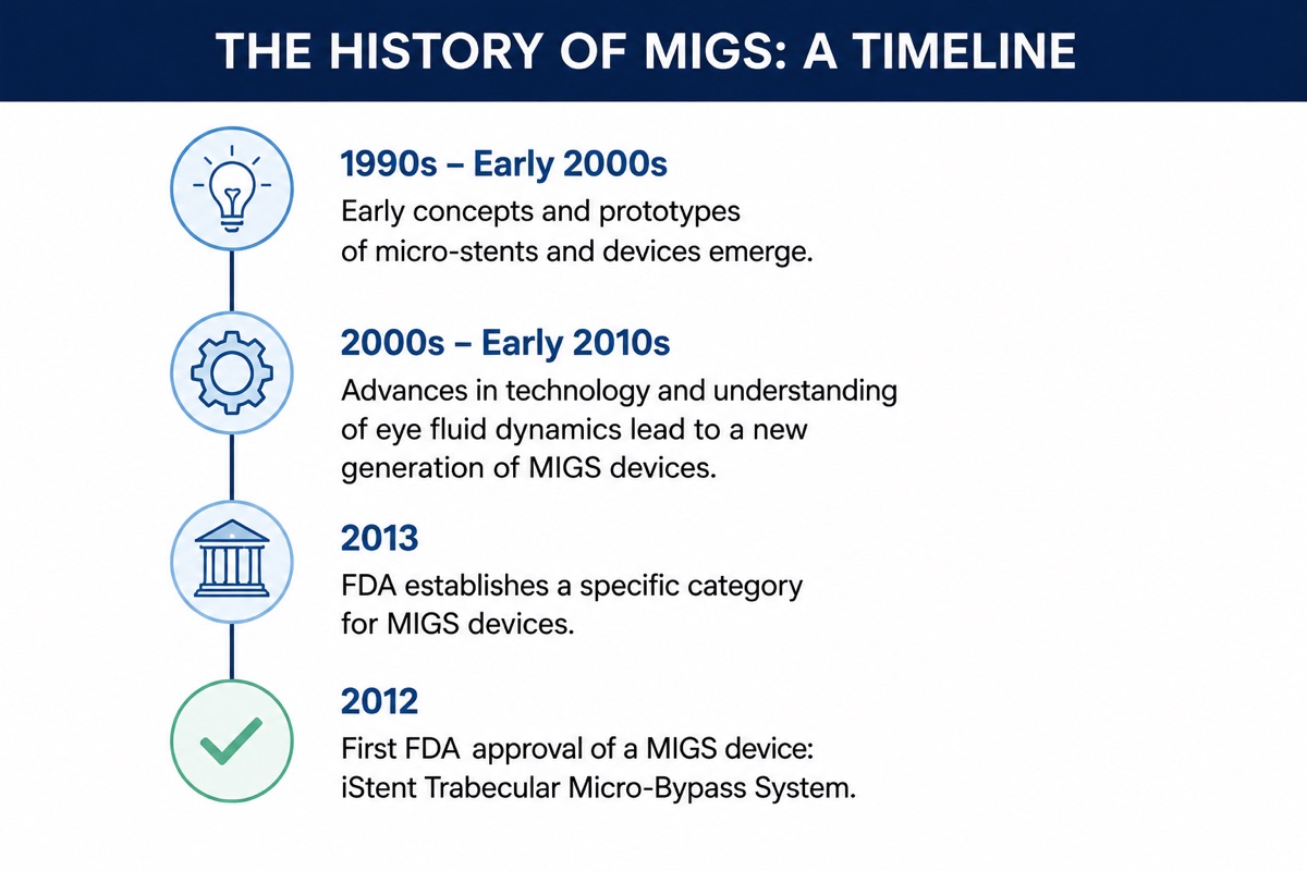 Timeline of the history of MIGS, from early micro-stent concepts in the 1990s to the first FDA approval of a MIGS device, the iStent, in 2012