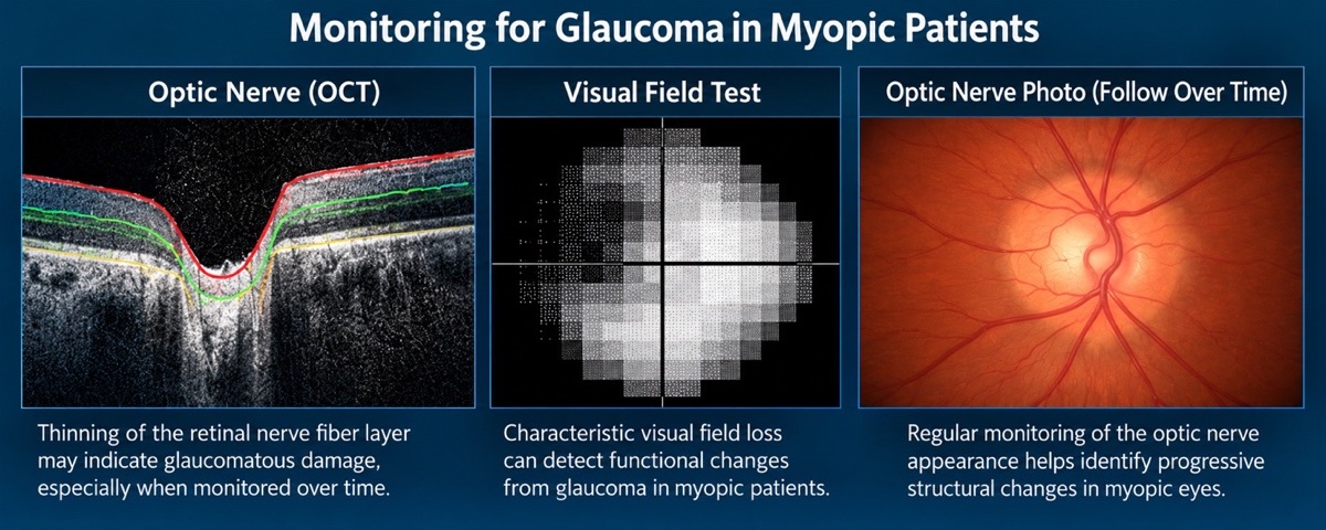 Monitoring for glaucoma in myopic patients: an optic nerve OCT scan of the retinal nerve fiber layer, a visual field test, and an optic nerve photo followed over time
