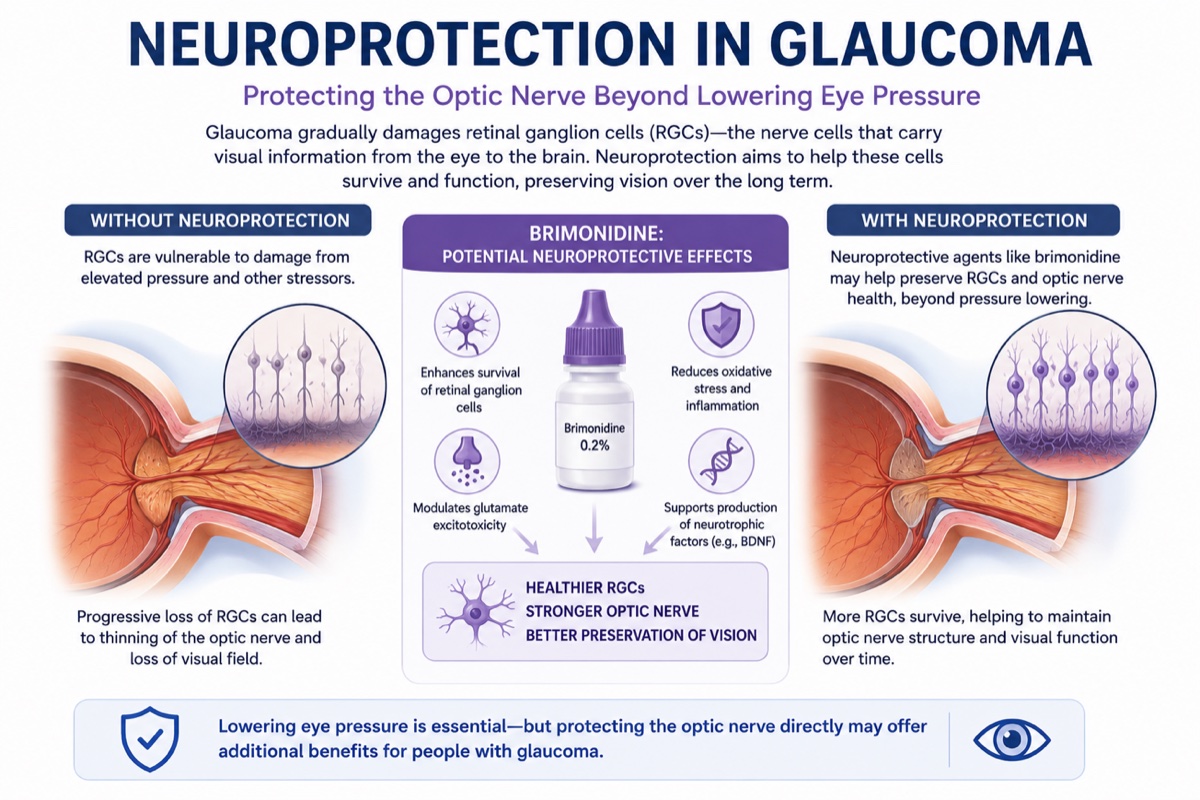 Infographic: neuroprotection in glaucoma showing how brimonidine may enhance retinal ganglion cell survival, reduce oxidative stress and inflammation, modulate glutamate excitotoxicity, and support BDNF beyond lowering eye pressure