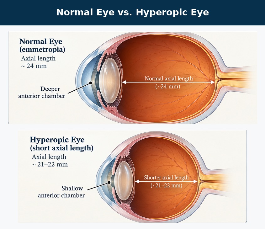 Diagram comparing a normal eye with an axial length of about 24 mm and a deeper anterior chamber to a hyperopic eye with a shorter axial length of about 21 to 22 mm and a shallow anterior chamber