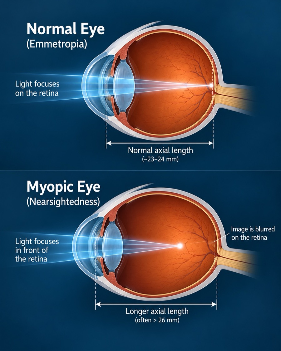 Diagram comparing a normal eye, where light focuses on the retina, with a longer myopic eye, where light focuses in front of the retina and the image is blurred