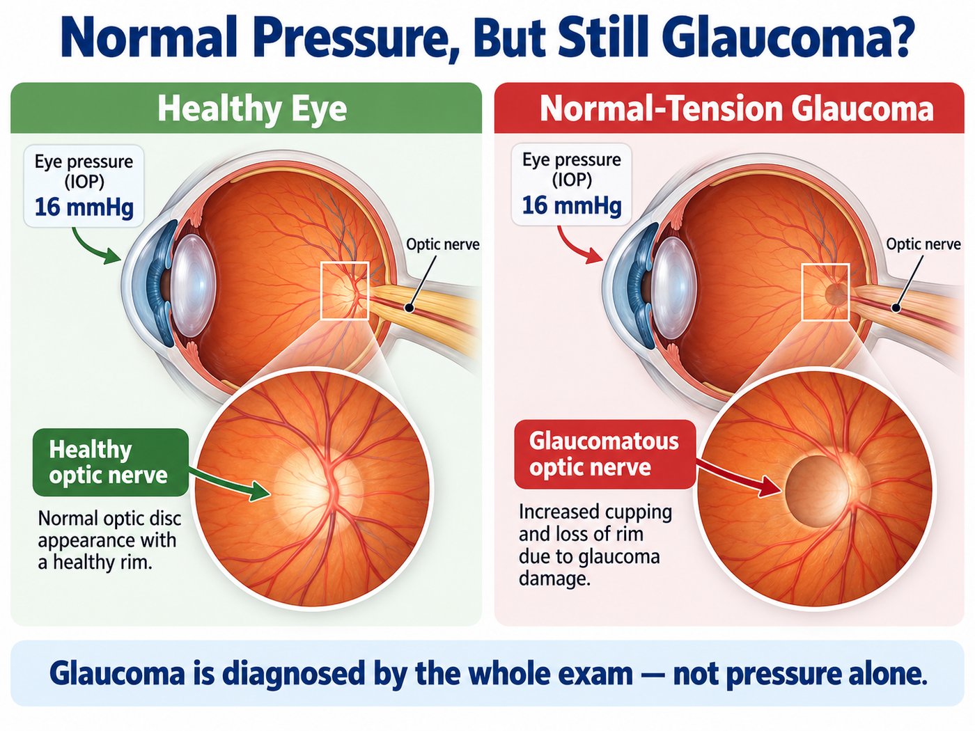 Side-by-side diagram of a healthy eye and an eye with normal-tension glaucoma, both with an eye pressure of 16 mmHg, showing a healthy optic nerve with a normal rim next to a glaucomatous optic nerve with increased cupping and loss of rim