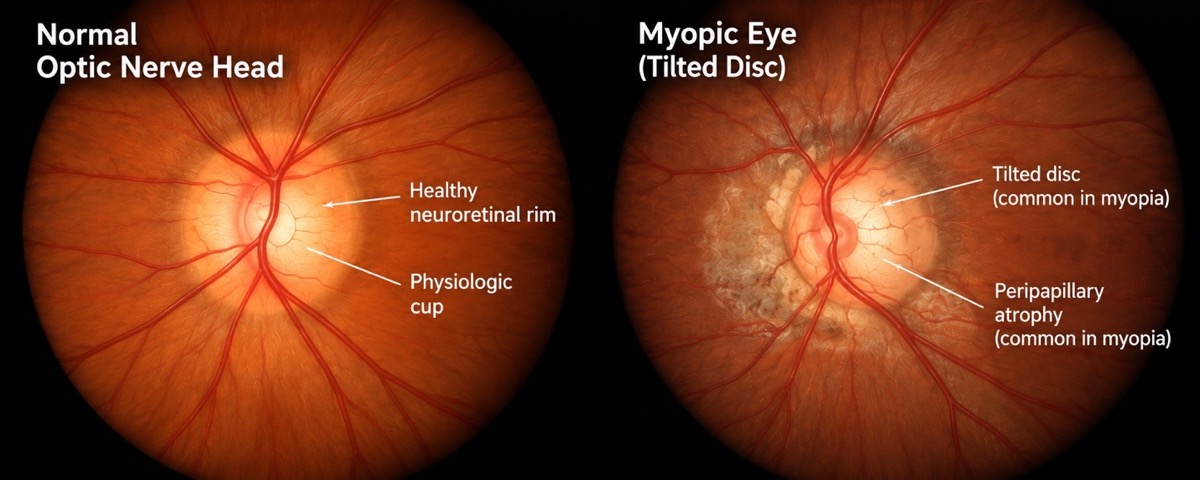 Fundus photographs comparing a normal optic nerve head with a healthy neuroretinal rim to a myopic eye with a tilted disc and peripapillary atrophy