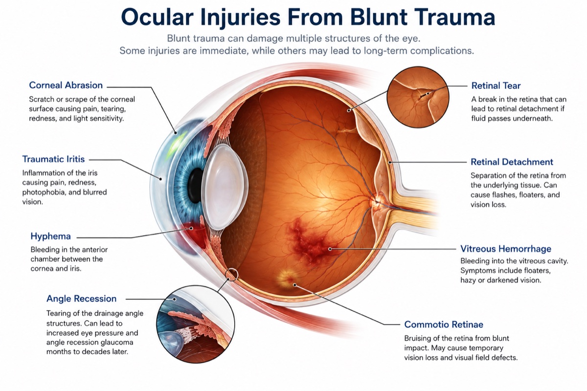 Diagram of ocular injuries from blunt trauma including corneal abrasion, traumatic iritis, hyphema, angle recession, retinal tear, and vitreous hemorrhage