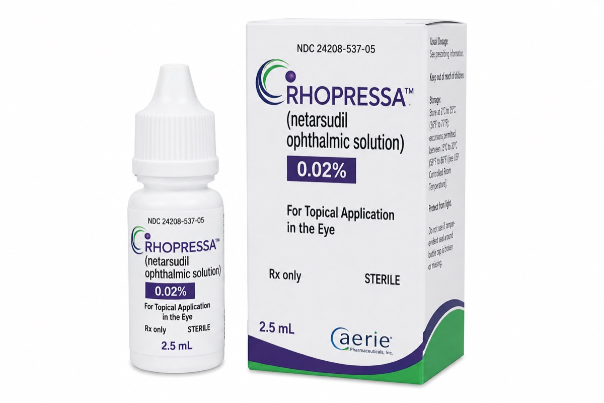 Rhopressa netarsudil ophthalmic solution 0.02% eye drop bottle and box