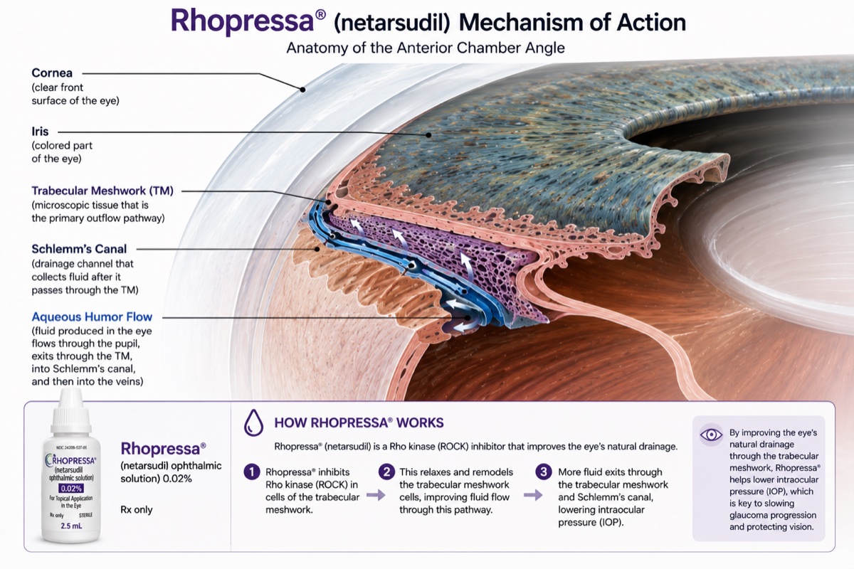 Rhopressa netarsudil mechanism of action diagram showing the anterior chamber angle, trabecular meshwork, and Schlemm's canal