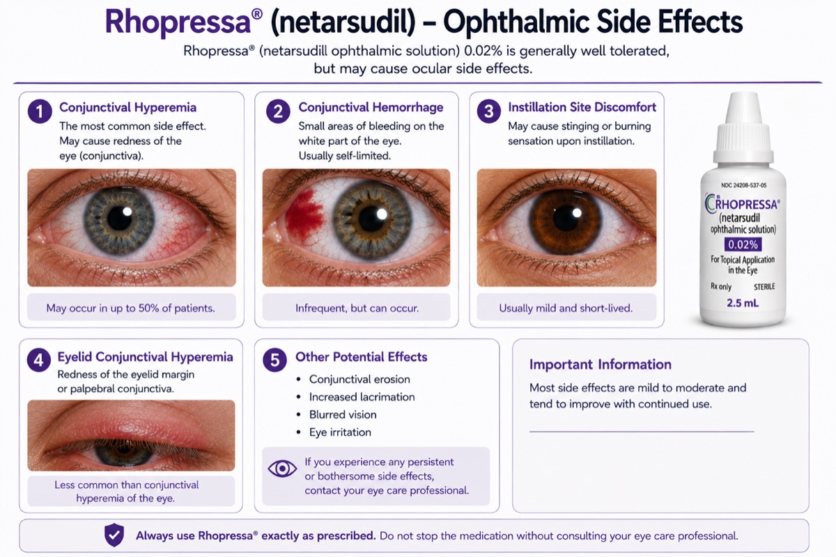 Rhopressa netarsudil ophthalmic side effects infographic: conjunctival hyperemia, conjunctival hemorrhage, instillation discomfort, eyelid redness