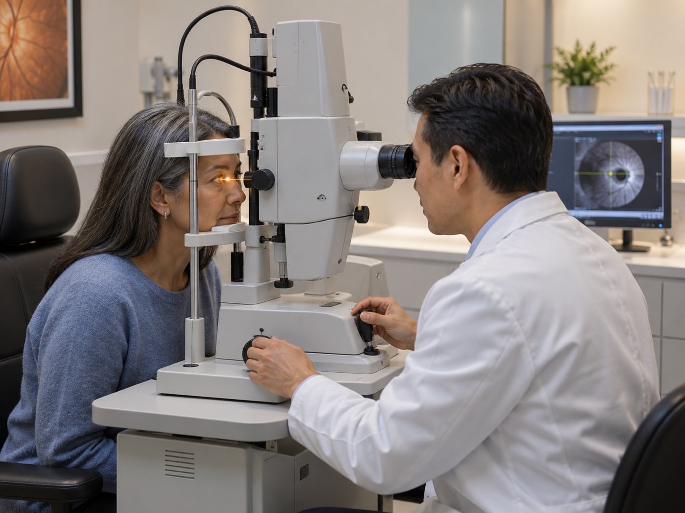 Ophthalmologist performing a selective laser trabeculoplasty (SLT) treatment on a seated patient at a laser slit lamp in the office