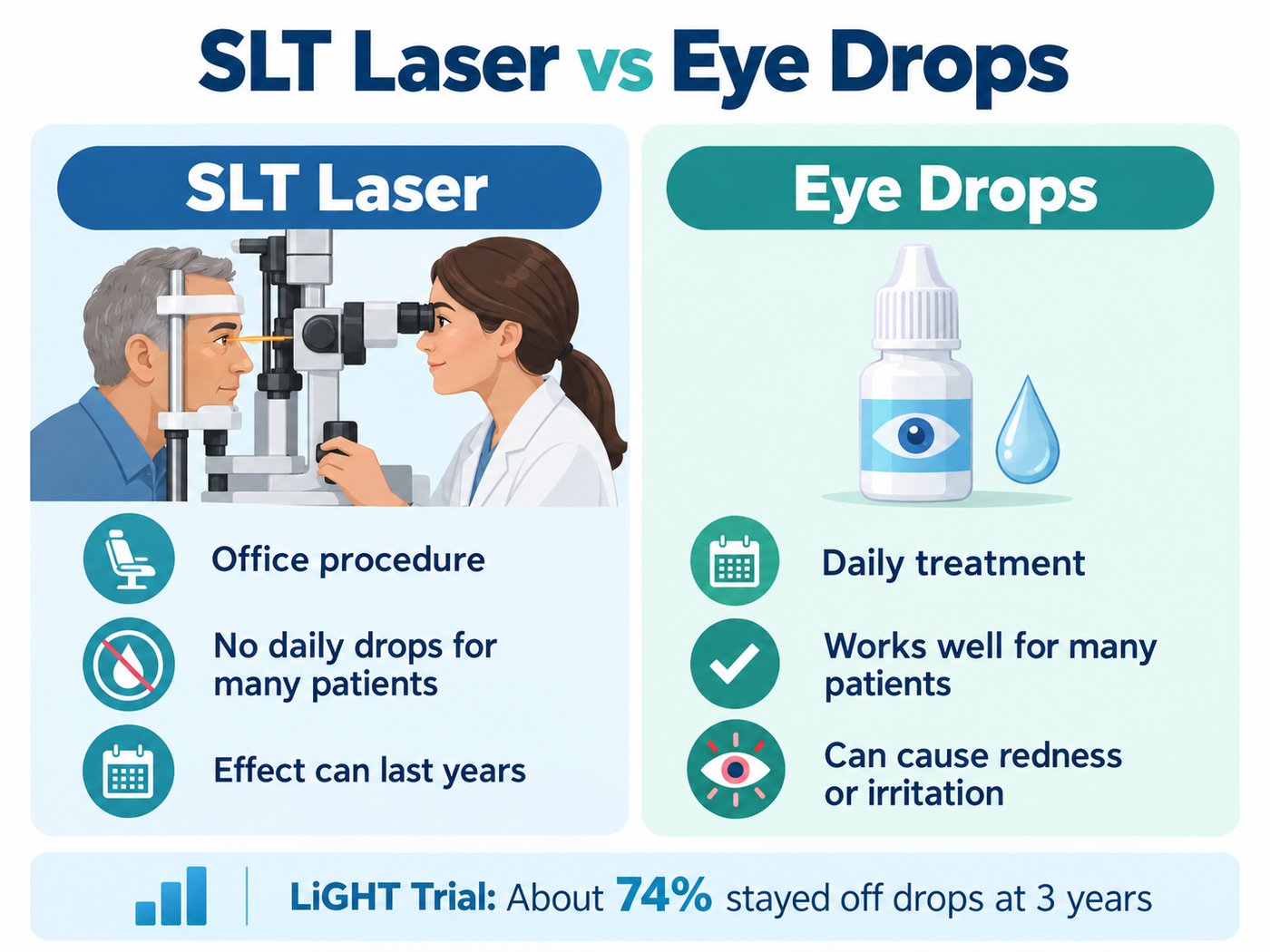 Infographic comparing SLT laser and eye drops for glaucoma: SLT is an office procedure with no daily drops for many patients and an effect that can last years; eye drops are a daily treatment that works well for many patients but can cause redness or irritation; the LiGHT trial found about 74% stayed off drops at 3 years
