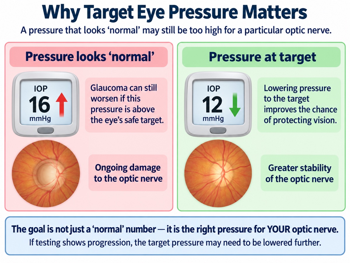 Comparison showing that a pressure of 16 mmHg that looks normal can still allow ongoing damage to the optic nerve, while lowering pressure to an individualized target of 12 mmHg improves stability of the optic nerve