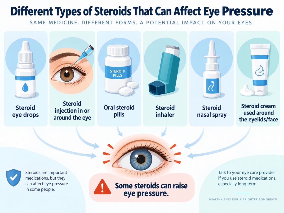 Different types of steroids that can affect eye pressure: eye drops, injections in or around the eye, oral pills, inhalers, nasal sprays, and creams used around the eyelids